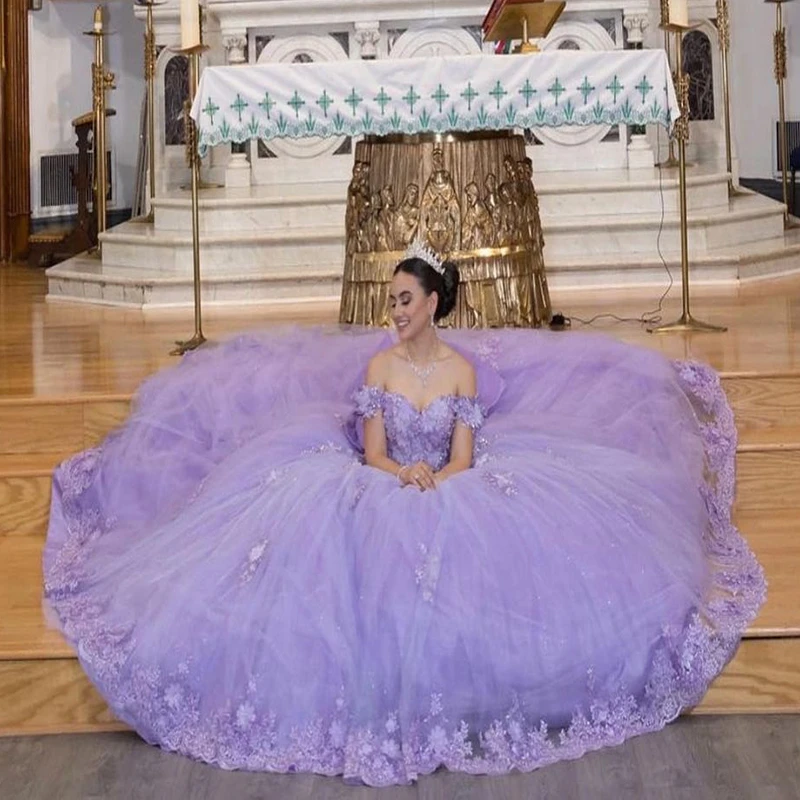 Vestido Lila de Quinceañera con apliques De flores en 3D Barato