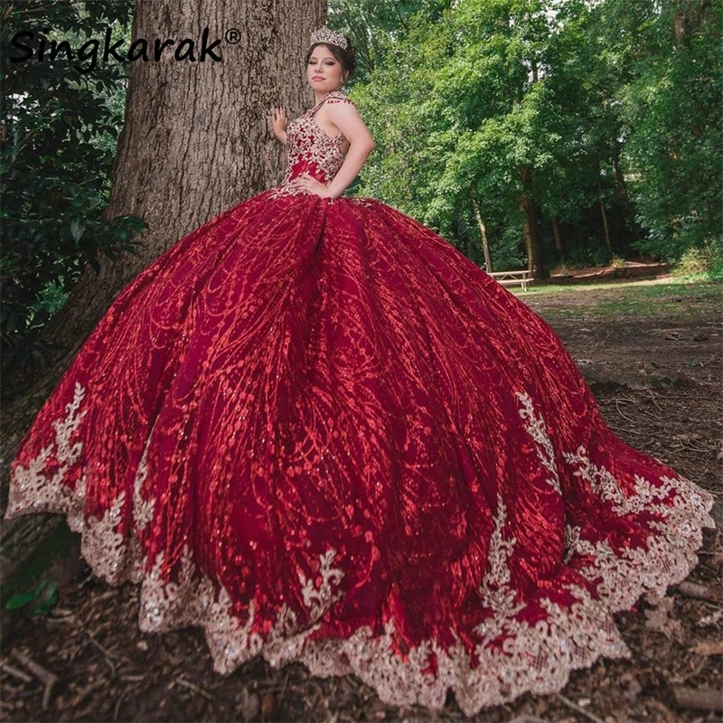 Vestido de Quinceañera de Vestido de Fiesta de Princesa Rojo Brillante Barato